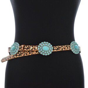 Western Turquoise Flower Concho Floral Leopard Animal Print Belt S/M by Tipi